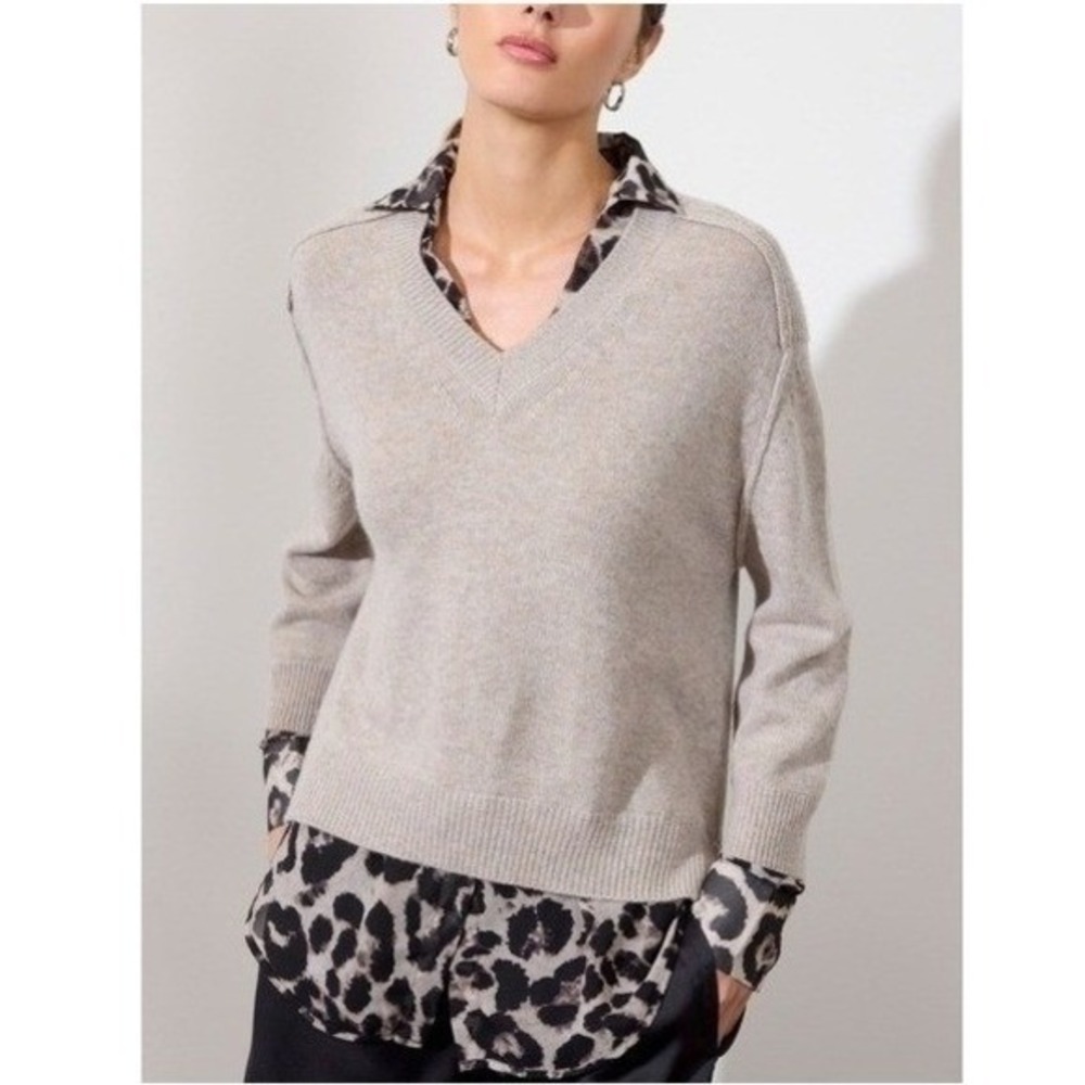 Brochu Walker Layered V-Neck Wool Cashmere Oversized Sweater Leopard Print XS